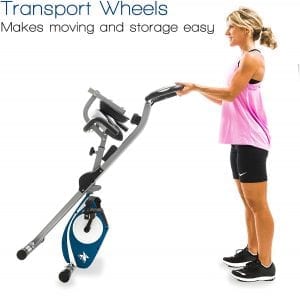 Exercise bike being wheeled to store