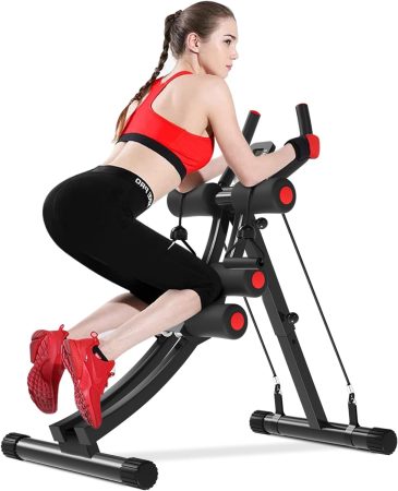 Side view of a young brunette woman using a Keshwell Ab Machine